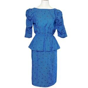 Floral Blue Pinstripe Peplum Dress